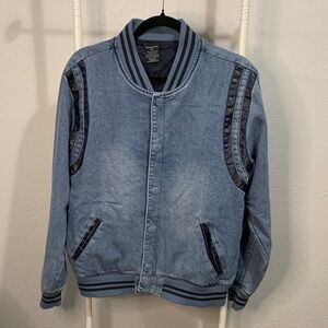 Ring of Fire Blue Denim Bomber Jacket with Navy Accents